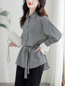 Retro Hong Kong Style Plaid Long Sleeve Shirt Womens Loose Casual Top Elegant Personality Bow Tie Shirt Autumn New Arrival