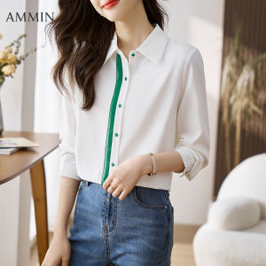 Ammin 2024 Áo sơ mi dài tay có ve áo thời trang Thiết kế thời trang màu sắc tương phản thời trang phong cách Hàn Quốc dáng rộng mọi thứ Áo Voan đi lại thông thường