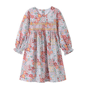 Floral Buttons 2-7T Autumn Spring Girls Dresses Long Sleeve Cotton Fashion Birthday Kids Clothes O-neck Toddler Frocks Flower