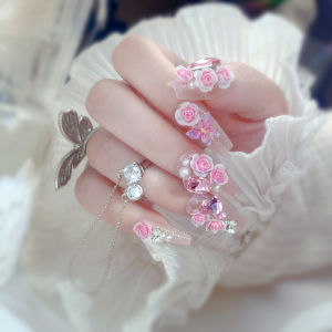 【With Glue】Ready Stock Female Mid-length Fake Nail Pink Butterfly and Rose Artificial Nail for Women and Girl Party Activity