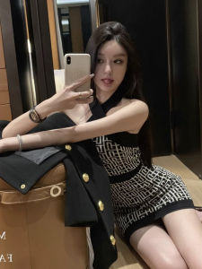 Elegant Knitted Wrap Dress Womens Base Layer Inner Wear Short Skirt Slimming Autumn Winter New Style Small Size Neck Hanging Strap Dress