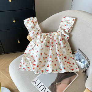 Fresh Floral Flying Sleeves Shirt Womens Summer Belly-Covering Doll Shirt French Sleeveless off-Neck Small Top