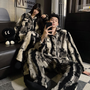 Couples Winter Thickened Fleece Plush Flannel Pajamas Set Womens Long Sleeve Sleepwear Mens Home Clothes Soft Cartoon Pattern