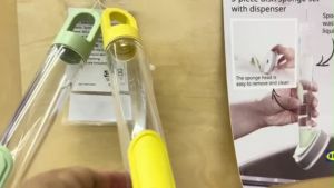 IKEA VIDEVECKMAL ที่ล้างจานมีช่องใส่น้ำยาล้าง 3 ชิ้น หูแขวน เปลี่ยนฟองน้ำได้ หัวแปรงขูดเศษอาหาร