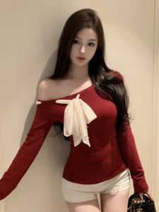 GUZILIAN | French Korean Style Butterfly Knot Design Bared Shoulder Pure Desire Casual Top Trendy Streetwear Sweet Slimming White Enhancing