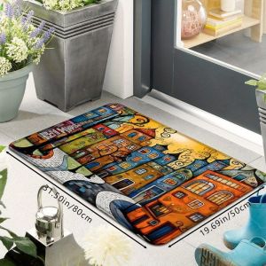 VIKAMA Fantasy City Street Rug Fairytale Colorful Houses Art Illustration Non Slip Entry Mat Washable Entryway Doormat Decor