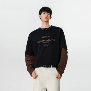 HetingHOME | Áo thun nam dài tay rộng rãi Hetinghome mùa thu thời trang cặp đôi giả hai mảnh in họa tiết thường ngày cotton 100%