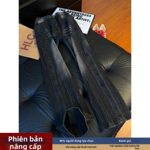 LIUBU | Quần Jeans Đùi Thẳng Ôm Slim Fit Màu Xanh Với Mẫu Whiskers Và Sọc