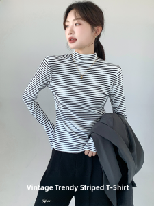 MiiOW | Womens Striped Base Layer Shirt Long Sleeve Half High Collar Commute Autumn Top Comfortable Breathable Soft Polyester Blend