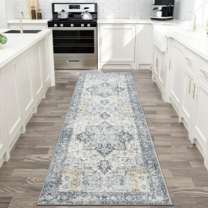 VIKAMA Vintage Oriental Runner Rug Teal Distressed Floral Carpet Non Slip Washable Floor Mat For Hallway Entryway Home Decor