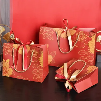 New Year Handheld Gift Bag Wealth Flower Clothing Scarf Carryon Paper Bag Packaging Box Chinese Style Wedding Celebration Supplies