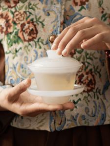 Nguyên Chất Trắng Bộ Sơn Mài Ngọc Gongfu Bộ Trà Dùng Cho Gia Đình Ba Bát Tài Lộc Chủ Cốc Nắp Bát Đá Cao Cấp Loại Khách Trà