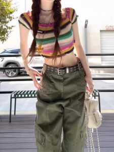YUEZHONGWEI | Rainbow Stripe Crop Knitted T-Shirt Short Design Fitting Top