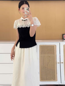 YUFUQING | Áo sơ mi ren mới phong cách Trung Hoa dành cho nữ mùa hè 2025 Áo chui đầu cổ đứng dáng ôm vừa vặn tay ngắn màu trơn