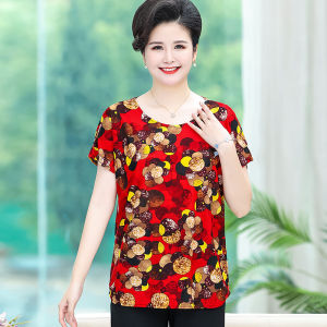 Summer Middle-Aged and Elderly Short-Sleeved T-shirt Bottoming Shirt Women Plus Size Ladieswear Loose Version Print Casual Middle-Aged Grandma Tops