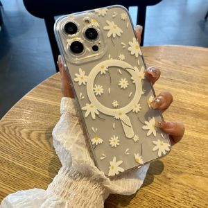 CrashStar MagSafe Flower Daisy Pattern Transparent Soft TPU Phone Case For iPhone 15 14 Pro Max Plus 13 12 11 Pro Max Wireless Charging Phone Casing Fashion Shockproof Cover Shell With Full Cover Lens Camera Protection
