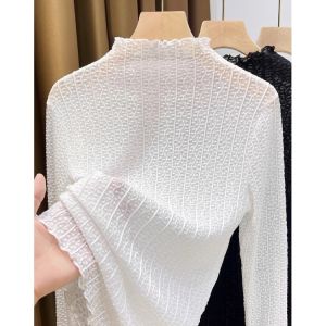 เสื้อเชิ้ตคอปกสูงครึ่งตัวผ้าลูกไม้สไตล์ใหม่ฤดูใบไม้ร่วง/ฤดูหนาวสำหรับผู้หญิง เสื้อชั้นในแฟชั่น เสื้อเชิ้ตแขนยาวสีพื้น