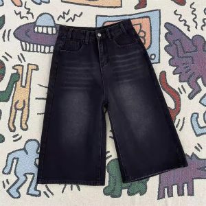 OUMULONG | Vintage Washed Denim Shorts Mens Utility Pants Multiple Pockets Capri Length