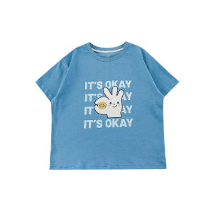 Yeyou Boys Summer T-shirt Sign Language Letter Print Loose round Neck Short Sleeve Childrens Top Casual Cotton Blend Fabric