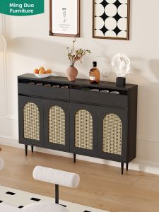 MINGDUO | Retro Rattan Weave Thin Kitchen Dining Sideboard