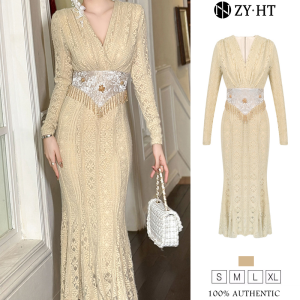 ZYHT EraVogue Women's Cream Long Sleeve Fishtail Lace Dress Vintage Wedding Party French Dress