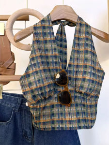 chaqi | Thai Plaid Mini Strap Vest Women Summer Outdoor Spring Autumn Inner Match Sleeveless Top French Hanging Neck Backless Shirt