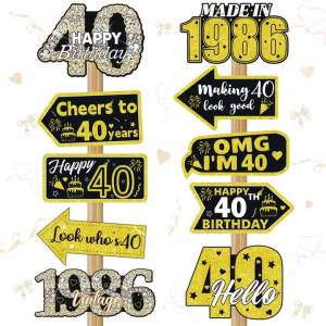 40th Birthday Party Photo Booth Props Black Gold Glitter 1986 Vintage Sign Cheer to 40 Years Adult Birthday Decorations Supplies