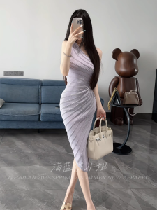 Elegant French White Slope Shoulder Knitted Mid-Length Dress Womens Pure Desire Shoulder Strap Tie Long Skirt Summer Gown