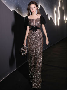 Elegant Evening Gown Womens New 2025 Party Host Fish Tail Skirt Sparkling Sequins High-End Feelings Short Sleeve Long Dress