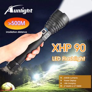 Aunlight 300000 Lumens XHP90 LED Flashlight Super Bright Torch Light Long-shot 500m Waterproof Search Light USB Rechargeable Zoom Tactical Light Lampu Suluh Terang