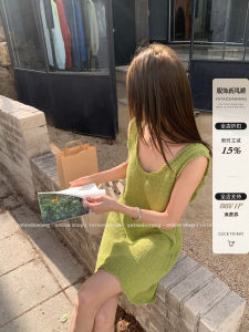 Summer New Style Knitted Pure Color Versatile Dress Dental Bracelet Large Pooch Womens Fashion 2025 High Waist A-Line Dress