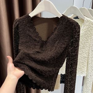 Dark Brown Lace V-Neck Thermal Underwear Top