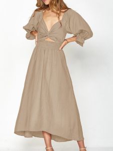 Loose V-neck Flared Sleeve Dress Polyester Fiber High Waist A-line Mid-length Summer Fashion Womens Dress Basic Style