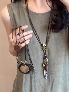 Bohemian Style Long Feather Necklace Womens Retro Ethnic Sweater Chain New Chinese Zen Meaning Accessory Geometric Pattern
