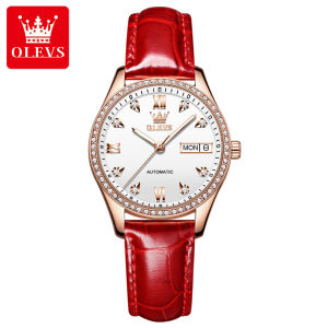 OLEVS | OLEVS 6637 Automatic Watch Women Diamond Dial Dual Calendar Display Waterproof Luminous Elegant Leather Strap Mechanical Watches