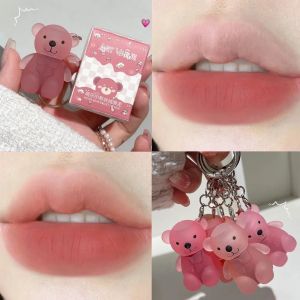 Grey Pink Lipstick Cute Bear Keychain Lip Mud Velvet Matte Lip Tint Red Lip Gloss Low Saturation Autumn Winter Lasting Lipstick