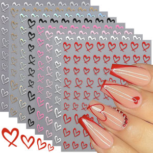 8Colors 3D French Love-Heart Nail Stickers Hollow Sweetheart Adhesive Nail Decals DIY Valentines Day Simple Manicure Decoration