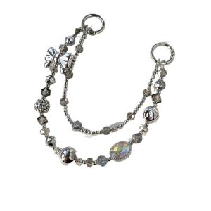 เชือกสำหรับแขวนโทรศัพท์กล้องซีซีดีโบว์สีเงินแบบหรูหราเคสโทรศัพท์สร้อยคริสตัลเชือกถักด้วยมือของโซ่คู่