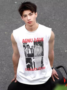 Oversize Retro Canvas Vest Mens Cotton Loose Print Base Layer Sweatshirt Breathable Moisture Wicking round Neck Pullover