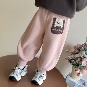 Girls Fleece Lined Winter Cat Pants Casual Sporty Sweatpants Kindergarten Childrens Versatile Trousers Trendy High Waist Long Pants