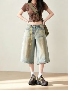 MANMI | Quần Jeans Capri Đùi Rộng Phong Cách Retro Mòn Ở Mùa Hè
