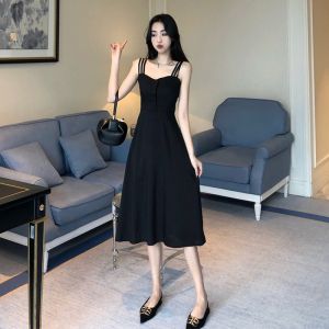 Korean Style Simple Black Dress Hepburn Style Slip Dress Long Dress For Women
