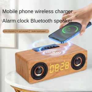 Multifunction Wooden Bluetooth Speaker Mobile Phone Wireless Charger Led Display Alarm Clock Fm Radio Dual Loudspeaker Sound Box