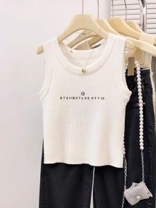 Khaki Knitted Strap Vest Womens Summer New Design Thin Sleeveless Inner Wear Top Fashionable Versatile Short Style Pullover