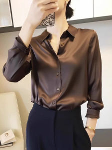 WANGGONGZHU | เสื้อเชิ้ตผู้หญิงผ้าซาตินระดับไฮเอนด์สไตล์เกาหลี ทรงตรง แขนยาว ปกโปโล สีพื้น กระดุม ฤดูใบไม้ผลิและฤดูใบไม้ร่วง