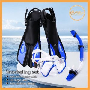 Professional Wide View Diving Mask Set with Anti-Fog Goggles Snorkel and Long Fins -  Water Sports Snorkeling Gear