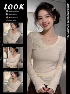Lace Spliced V-Neck Slim Fit Long Sleeve T-Shirt Spring Style
