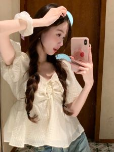 French Style Short Sleeve Shirt Womens Sweet Square Collar Gentle Wind Bubble Sleeve Top Winter Fashion Casual Loose Fit