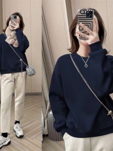 เสื้อสเวตเตอร์คอตั้งแขนยาวบุขนแกะหนาสำหรับผู้หญิง ทรงหลวม ทรงพอดีตัว แขนยาว ปกโปโล แฟชั่นฤดูใบไม้ผลิและฤดูใบไม้ร่วง