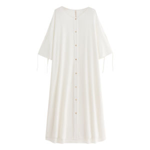 yuenei | Elegant White Cotton Sleepwear Womens Summer Short Sleeve Long Dress Style Button Decoration Casual Home Comfortable Nightgown